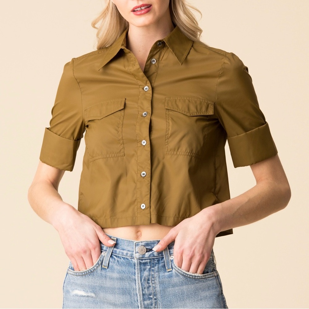 STAUD Rue Top in Caper Olive Green Khaki Cropped Button Down Cuffed Sleeve Shirt